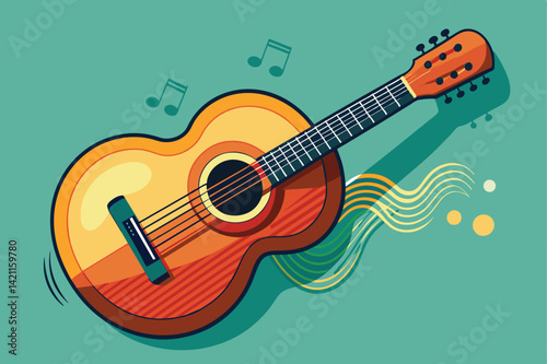 Vibrant illustration of an acoustic guitar with musical notes. Perfect for music-related designs, education, and creative projects.