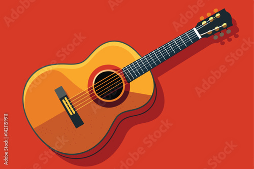 Vector illustration of an acoustic guitar with a warm color palette against a vivid red background, perfect for musical themes and artistic concepts.