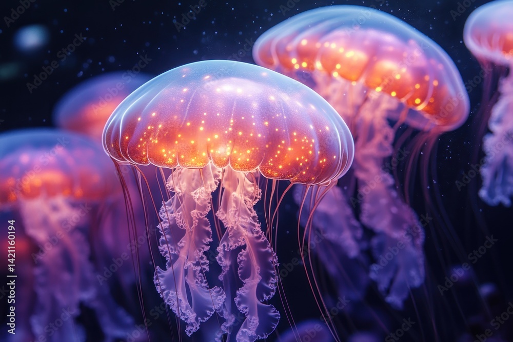 Naklejka premium Glowing jellyfish in deep sea