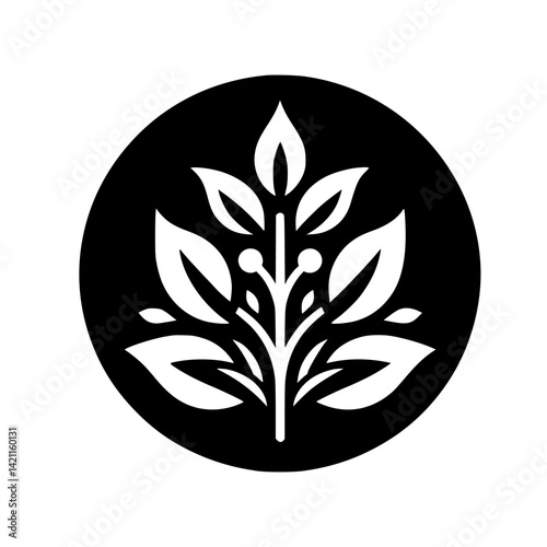 Minimalist Leafy Branch Logo: Black Circle, White Foliage, Botanical Design