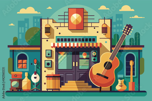 Illustration of a vibrant music shop with a variety of vintage guitars and musical instruments on display. The artistic design highlights retro charm and creative atmosphere.