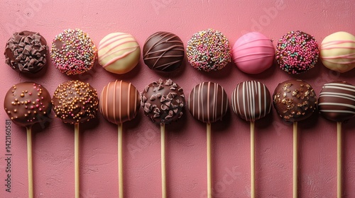 A row of chocolate cake pops on a pink background
