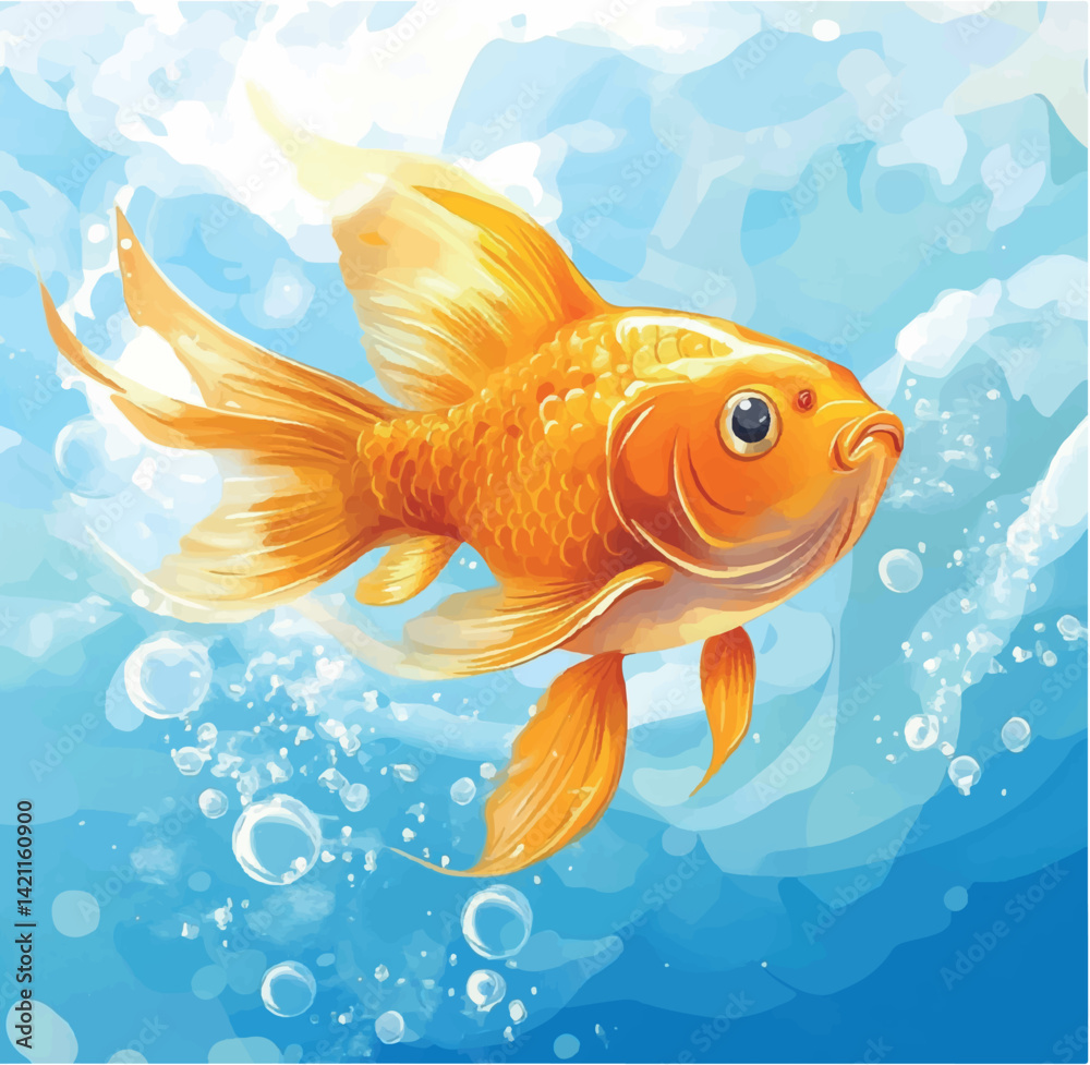 Naklejka premium illustration, fish, goldfish, animal, drawing, water, aquatic, aquarium, cartoon, vector, design, gold, marine, isolated, pet, tropical, sea, cute, nature, orange, tail, art, graphic, underwater