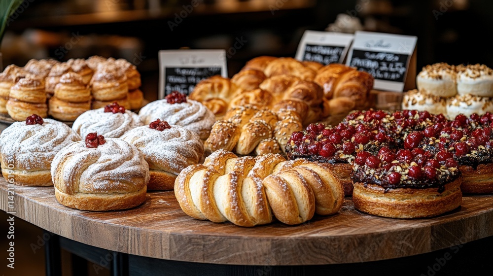 A beautifully arranged display of assorted pastries and desserts in a cozy bakery setting A beautifully arranged display of assorted pastries and desserts in a cozy bakery setting