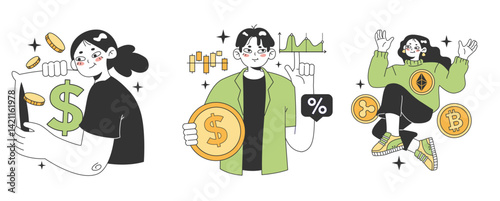 Finance fun 3 scenes of folks investing trading and celebrating gains