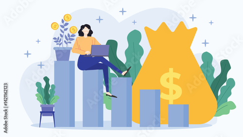 Growth Tech and Prosperity An investor sits on a bar chart with laptop