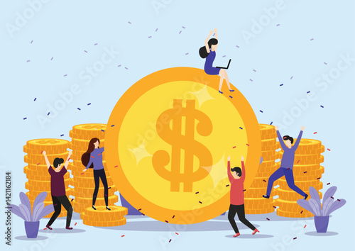 Jubilant people celebrate wealth with a giant coin  coin stacks amidst confetti