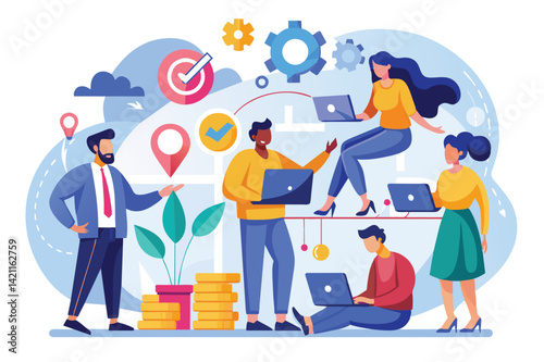 Illustration of a diverse team working together with laptops, symbolizing teamwork, innovation, and success in a modern office environment.