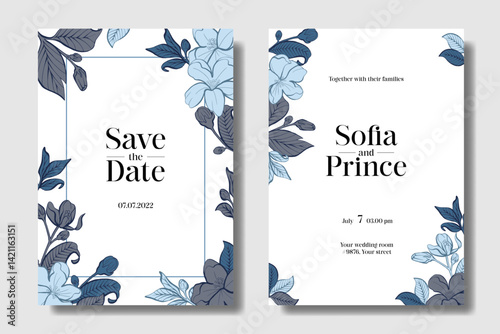 Template Minimalist blue boho Jasmine floral wedding invitation