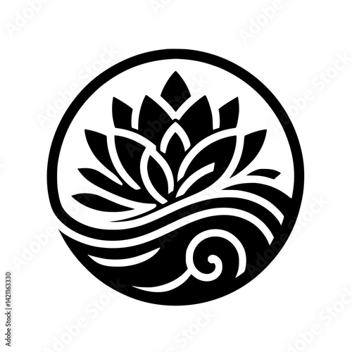 Elegant Lotus Flower Emblem in Circular Frame: Black and White Symbol