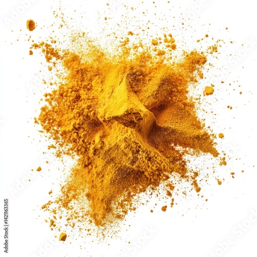 Dramatic airborne turmeric powder explosion, intense golden hue, isolated