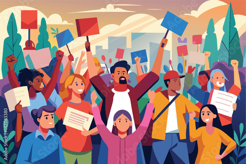 Illustration of a diverse crowd in a peaceful protest, holding signs and banners, symbolizing unity and activism.