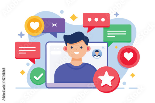 Illustration of a smiling person on social media with chat icons, hearts, and stars. Represents online communication and digital interaction.