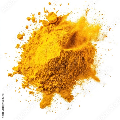 Dramatic airborne turmeric powder explosion, intense golden hue, isolated