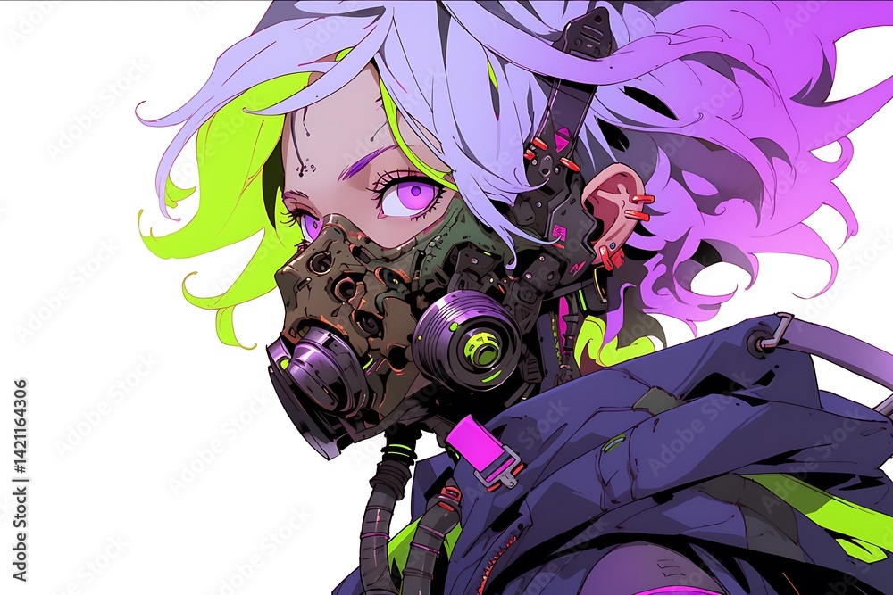 Futuristic Portrait Of Woman Wearing Mask With Neon Hair And Pixelated Style