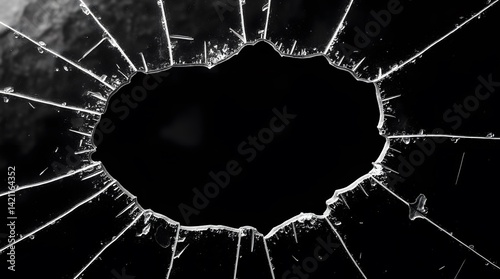 Cracked glass texture with radial shatter pattern on black. Abstract design, fragility concept. Best for backgrounds, overlays, and conceptual visuals.