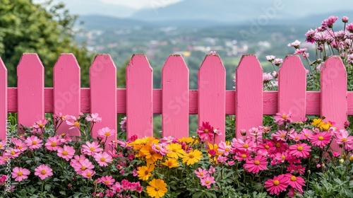 A pink picket fence surrounded by colorful flowers in a garden