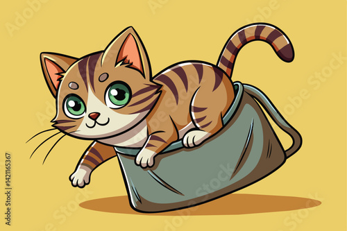 Adorable cartoon cat with big eyes playfully sitting in a bag on a yellow background, conveying fun and curiosity.