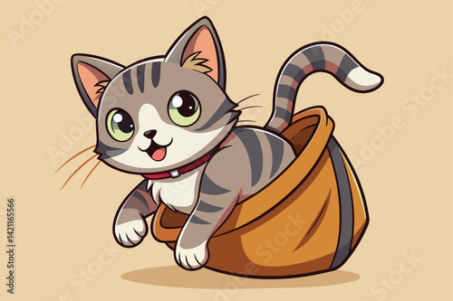 Adorable cartoon illustration of a cheerful cat with big eyes, playfully sitting in a cozy brown bag. Perfect for children's themes and playful designs.