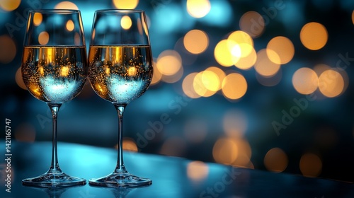 Two glasses of white wine sitting on top of a table