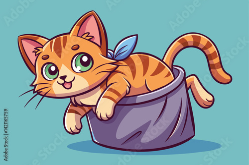 Adorable cartoon cat with big eyes playfully sitting in a bucket.