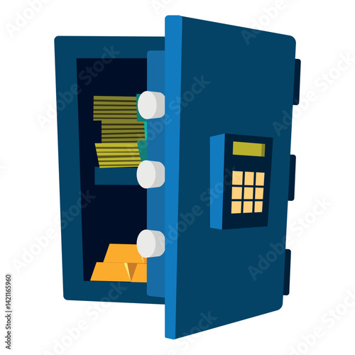 Cartoon Safe Illustration with Gold Bars, Banknotes and Digital Keypad Feature