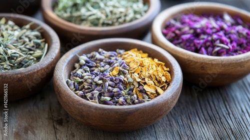 Dried herbs in wooden bowls (1)