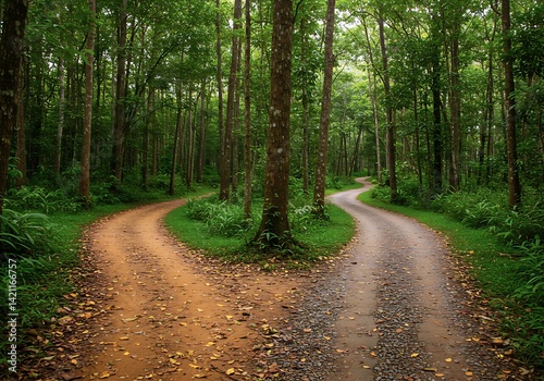 Two distinct paths diverge in a tranquil forest, with one path lined with orange earth and the other made of gravel, inviting exploration under the soft sunlight filtering through leaves
