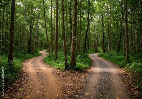 Two winding trails split in a peaceful forest, surrounded by tall trees and rich foliage. Sunlight filters through the leaves, creating a tranquil atmosphere for wanderers