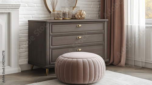 Stylish, cozy dresser and ottoman in a bedroom setting