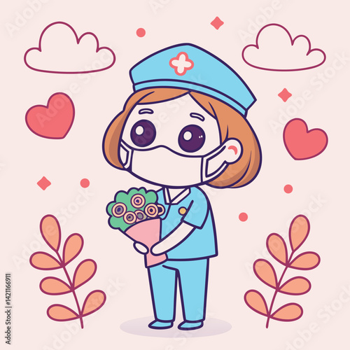 Cute Cartoon Nurse with Face Mask Holding Flowers on a Light Pink Background