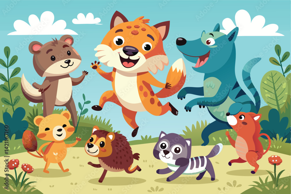 Naklejka premium Bright and cheerful illustration of cartoon animals energetically playing together in a vibrant forest setting, showcasing joy and friendship.