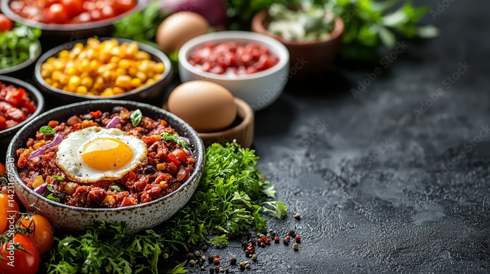 A bowl of food with a fried egg on top of it A bowl of food with a fried egg on top of it