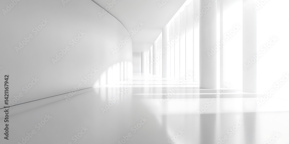 Fototapeta premium Minimalist White Interior Hallway with Bright Light and Reflective Flooring