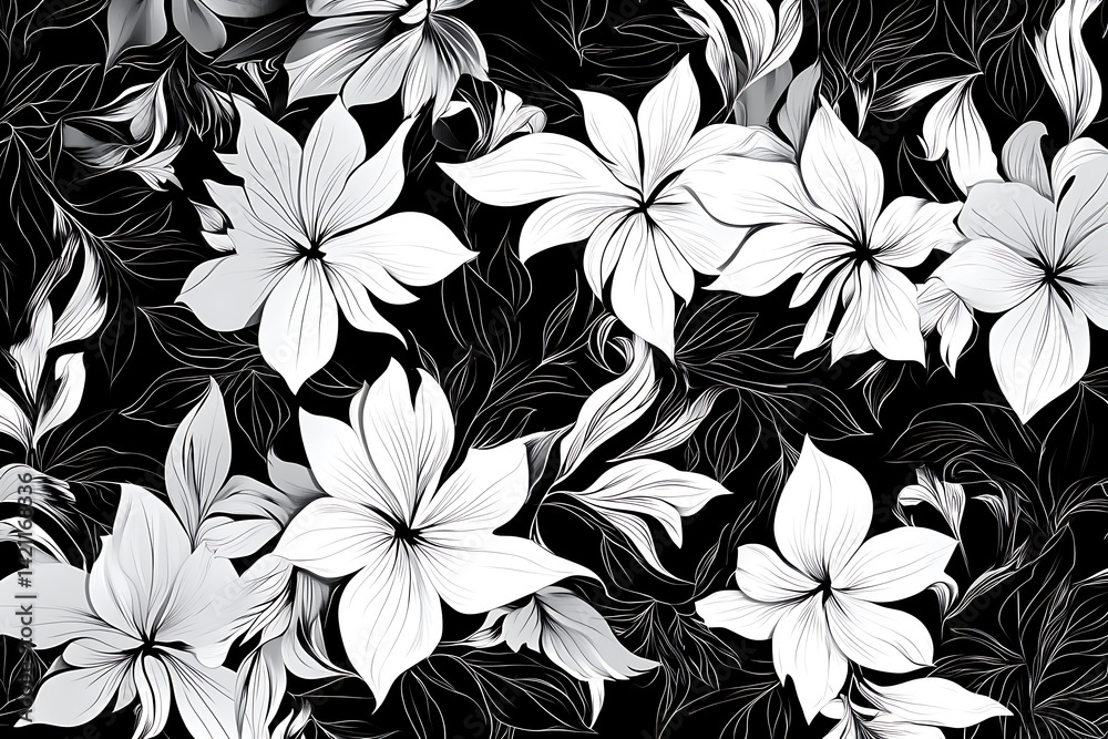 Monochrome Floral Pattern Featuring White Blooms On Dark Black Background