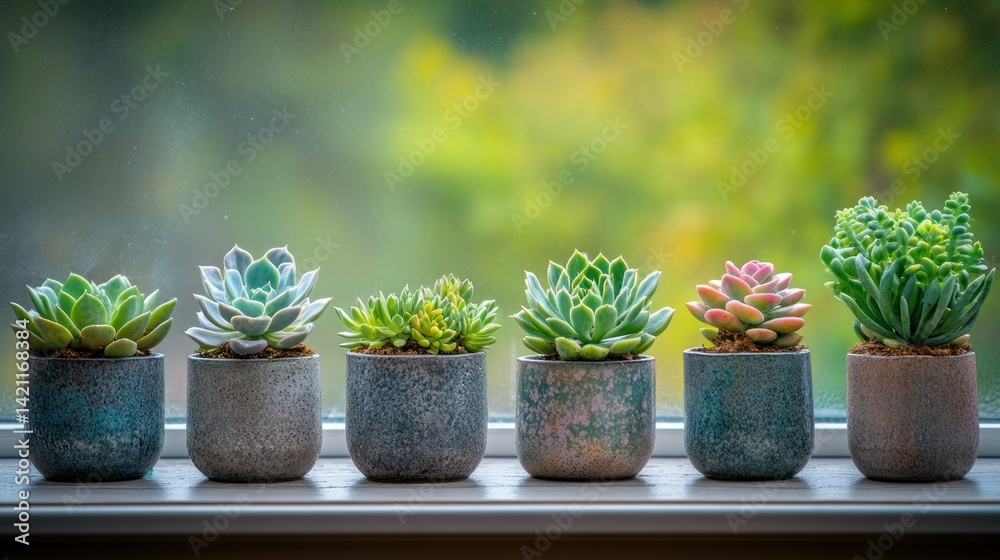 Succulents in pots on a windowsill Succulents in pots on a windowsill