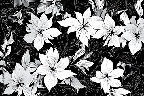 Obraz na płótnie Monochrome Floral Pattern Featuring White Blooms On Dark Black Background w salonie