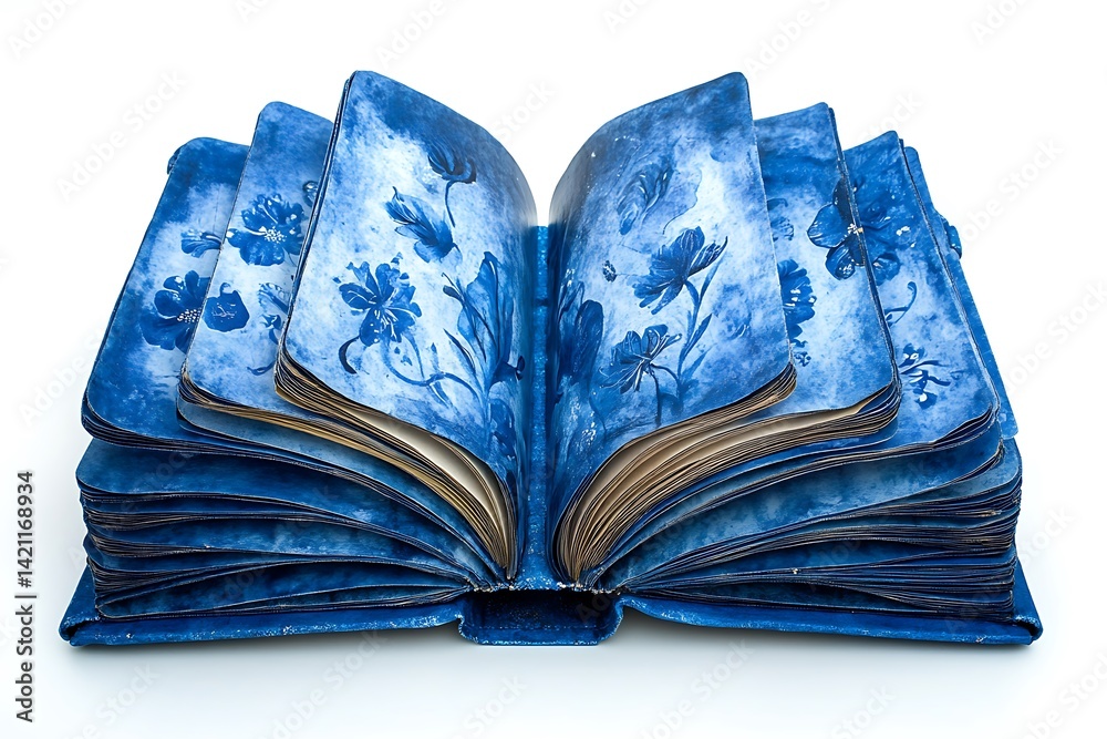 Open Blue Watercolor Book with Floral Illustrations on White Background