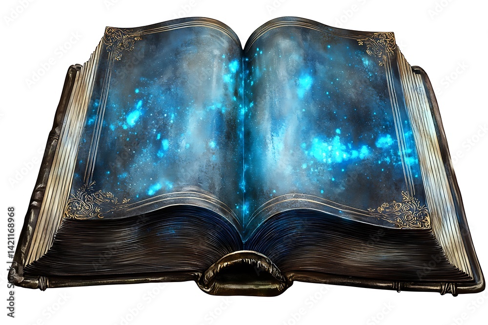 Open Book Displaying A Galaxy Of Blue And Gold Details And Cosmic Imagery
