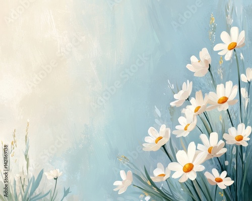 Beautiful Floral Background with White Daisies and Blue Texture