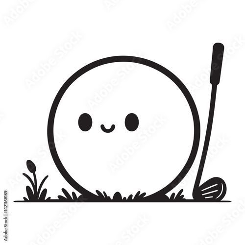 Cute Golf Ball Cartoon Vector Illustration with Club on Green