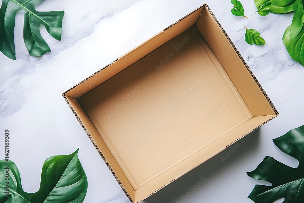 Open Cardboard Box Surrounded By Lush Green Leaves On White Marble Surface