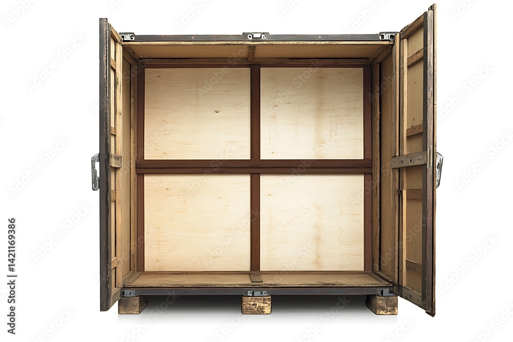 Open Shipping Container with Wooden Interior and White Background Isolation