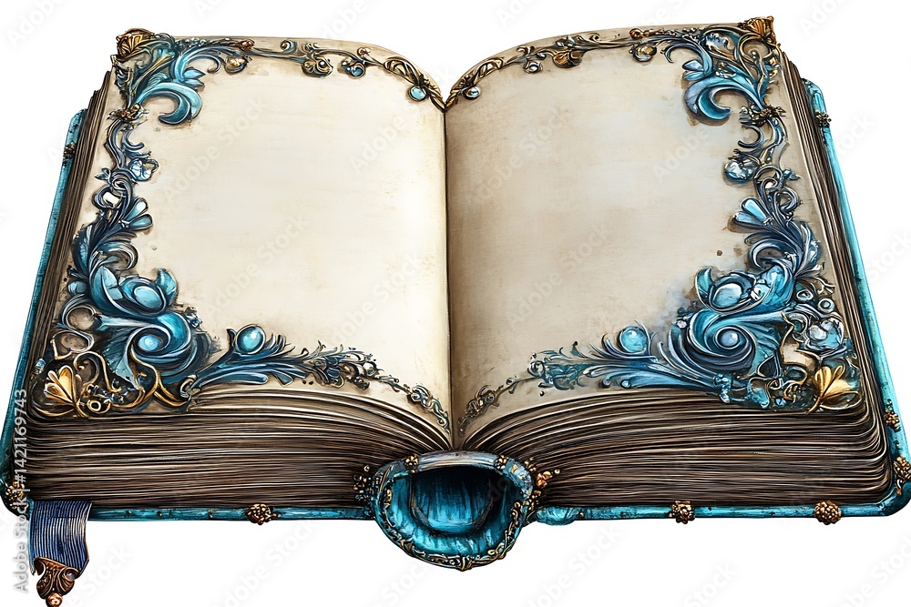 Ornate Antique Book Opened to Blank Pages with Blue Gold Floral Design