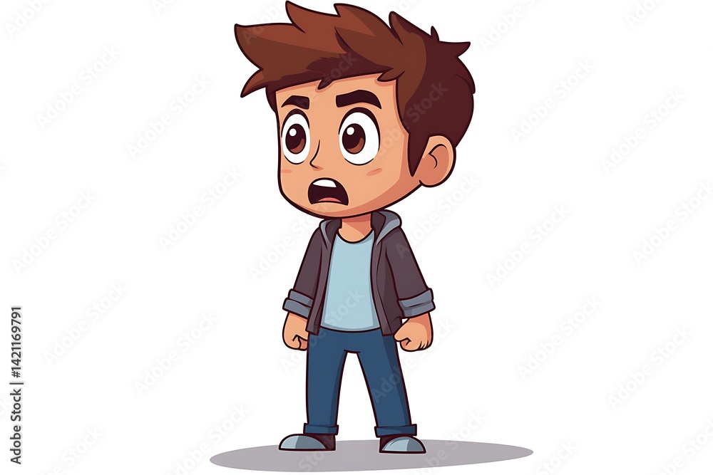 Pixel Art Boy Character In Shocked Expression With Brown Hair And Blue Jeans