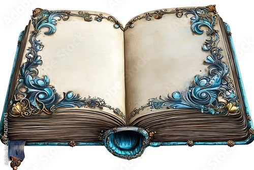 Obraz na płótnie Ornate Antique Book Opened to Blank Pages with Blue Gold Floral Design w salonie