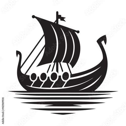 Viking Ship Silhouette Illustration With Sails Vector Art Design