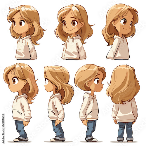 Cute little blonde girl in casual clothes. Vector cartoon illustration