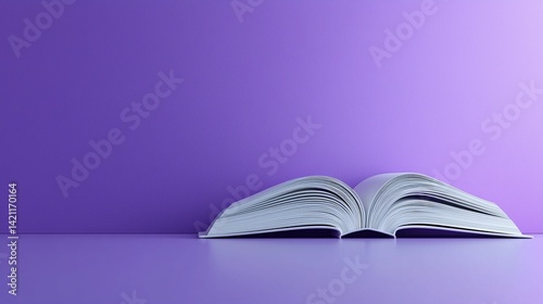 An open book on a purple surface with a purple background