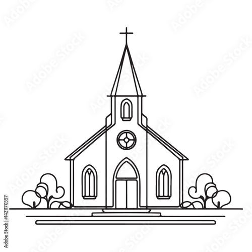 Serene Church Building Line Art Illustration Vector Image